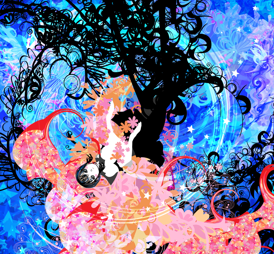 kazaana, abstract, black hair, colorful, flower, psychedelic, school uniform, serafuku, short hair, solo, star (symbol)