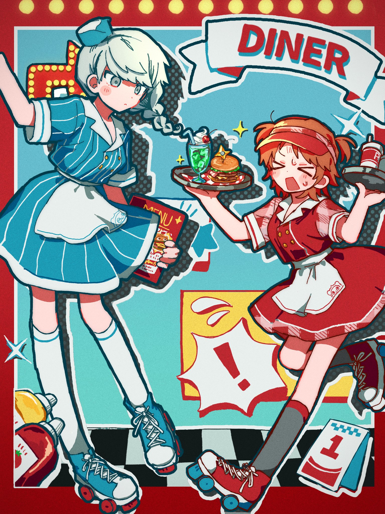 hanamura yousuke, narukami yu, persona, persona 4, commentary request, highres, !, > <, 2boys, :<, apron, black socks, blue dress, blue hat, blue shoes, blush, border, braid, burger, checkered floor, closed mouth, cross-laced shoes, crossdressing, crossdressing (mtf), diner, dress, drink, drop shadow, embarrassed, english text, food, full body, grey eyes, grey hair, hands up, hat, holding, holding menu, holding tray, huksan0615, kneehighs, long hair, looking at another, male focus, menu, multiple boys, neon sign, open mouth, orange hair, outside border, red border, red dress, red shoes, roller skates, shoes, short sleeves, short twintails, single braid, skates, socks, sparkle, sweat, tray, twintails, waist apron, waiter, white apron, white socks