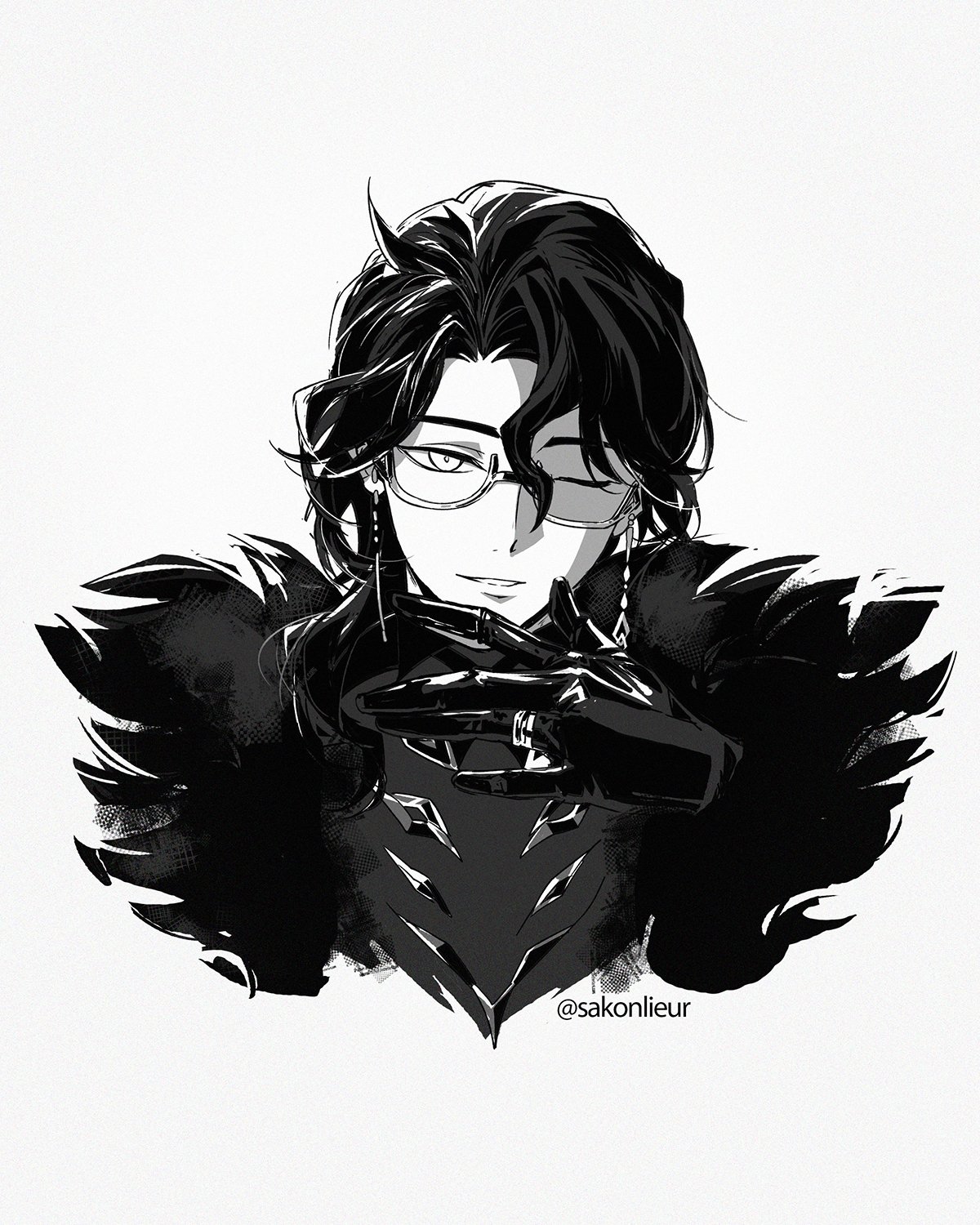 sakon04, pantalone (genshin impact), genshin impact, highres, 1boy, black gloves, black hair, eyewear strap, fur trim, glasses, gloves, greyscale, hair between eyes, jewelry, looking at viewer, monochrome, one eye closed, open mouth, ring, shadow, short hair, solo, twitter username, upper body