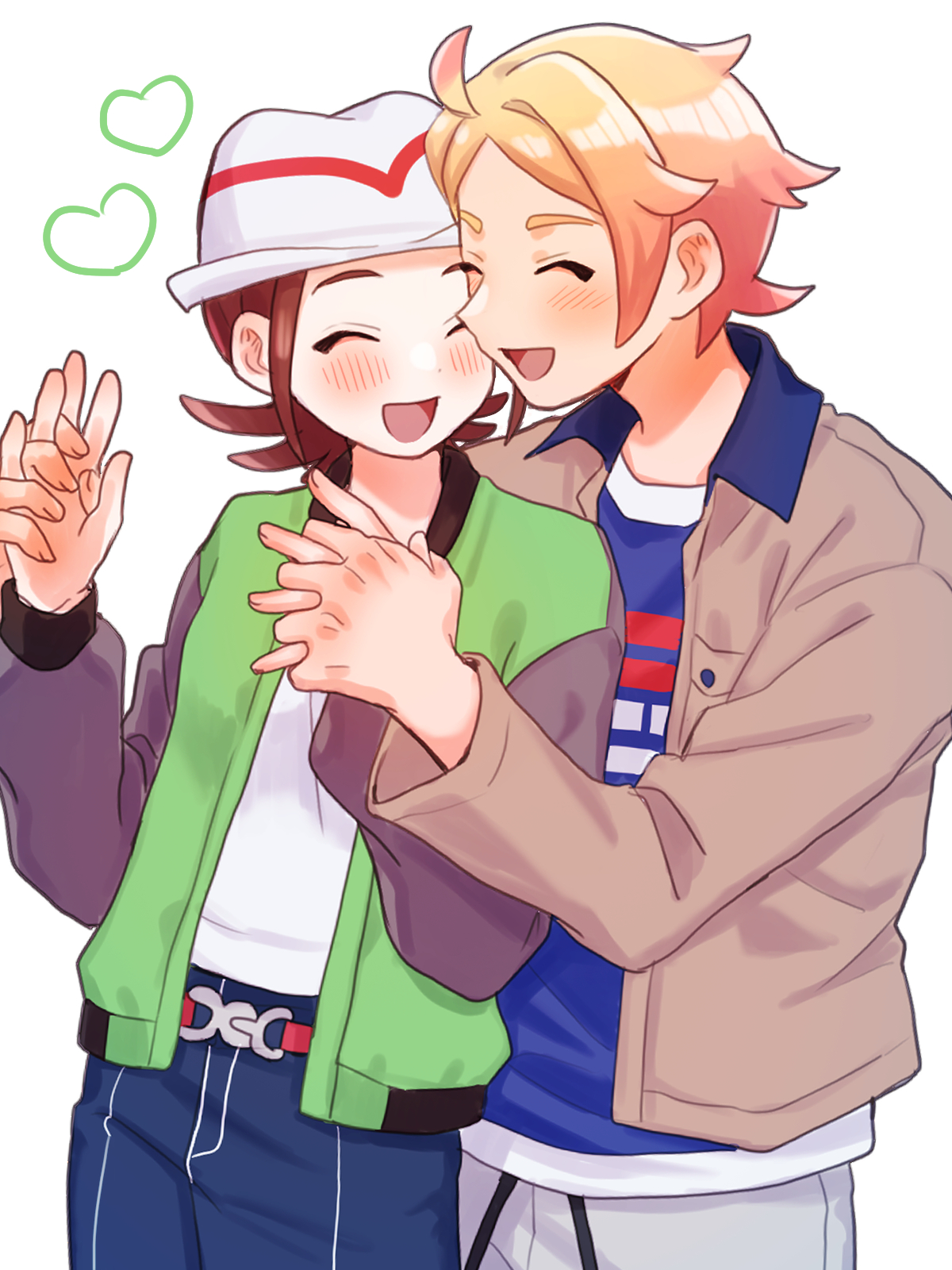mochi (mocchi p 2m), harmony (pokemon), urbain (pokemon), nintendo, pokemon, pokemon legends: z-a, commentary request, highres, 1boy, 1girl, :d, belt, blonde hair, blue pants, blue shirt, blush, brown hair, brown jacket, closed eyes, green jacket, happy, hat, heart, hetero, holding hands, jacket, long sleeves, open clothes, open jacket, open mouth, pants, print shirt, shirt, sidelocks, simple background, smile, tongue, white background, white hat, white shirt