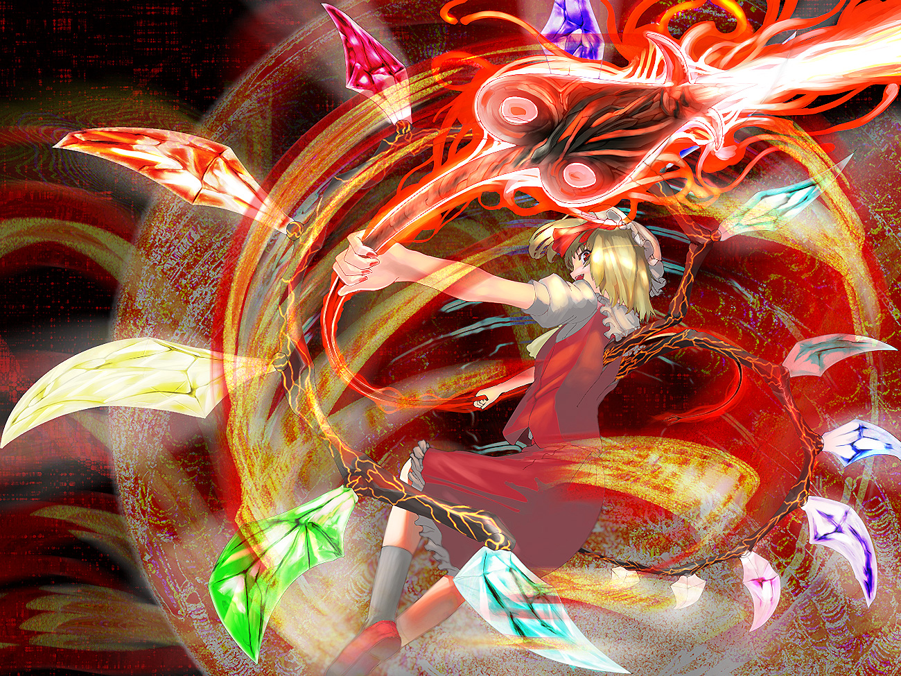 arugeri, flandre scarlet, touhou, 1girl, blonde hair, female focus, fire, floating, hat, laevatein, looking back, nail polish, red eyes, red nails, short hair, smile, solo, wings