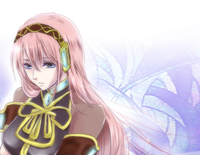 outlaw, unabara misumi, megurine luka, vocaloid, bad id, bad pixiv id, 1girl, blue eyes, female focus, headphones, long hair, pink hair, solo
