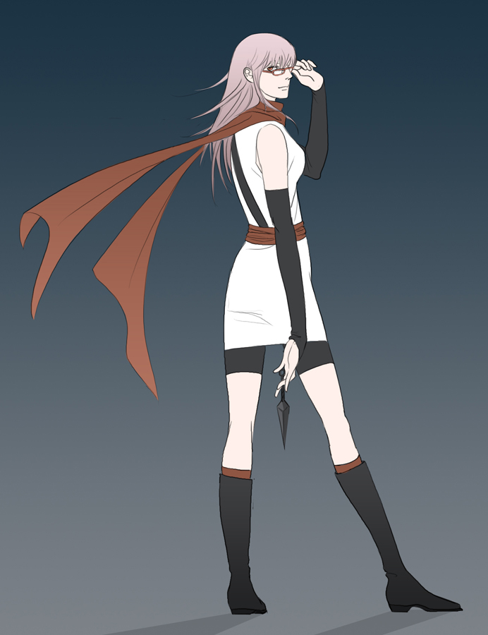 gb (doubleleaf), sarutobi ayame, gintama, silver hair, 00s, adjusting eyewear, boots, elbow gloves, glasses, gloves, kunai, scarf, solo, weapon