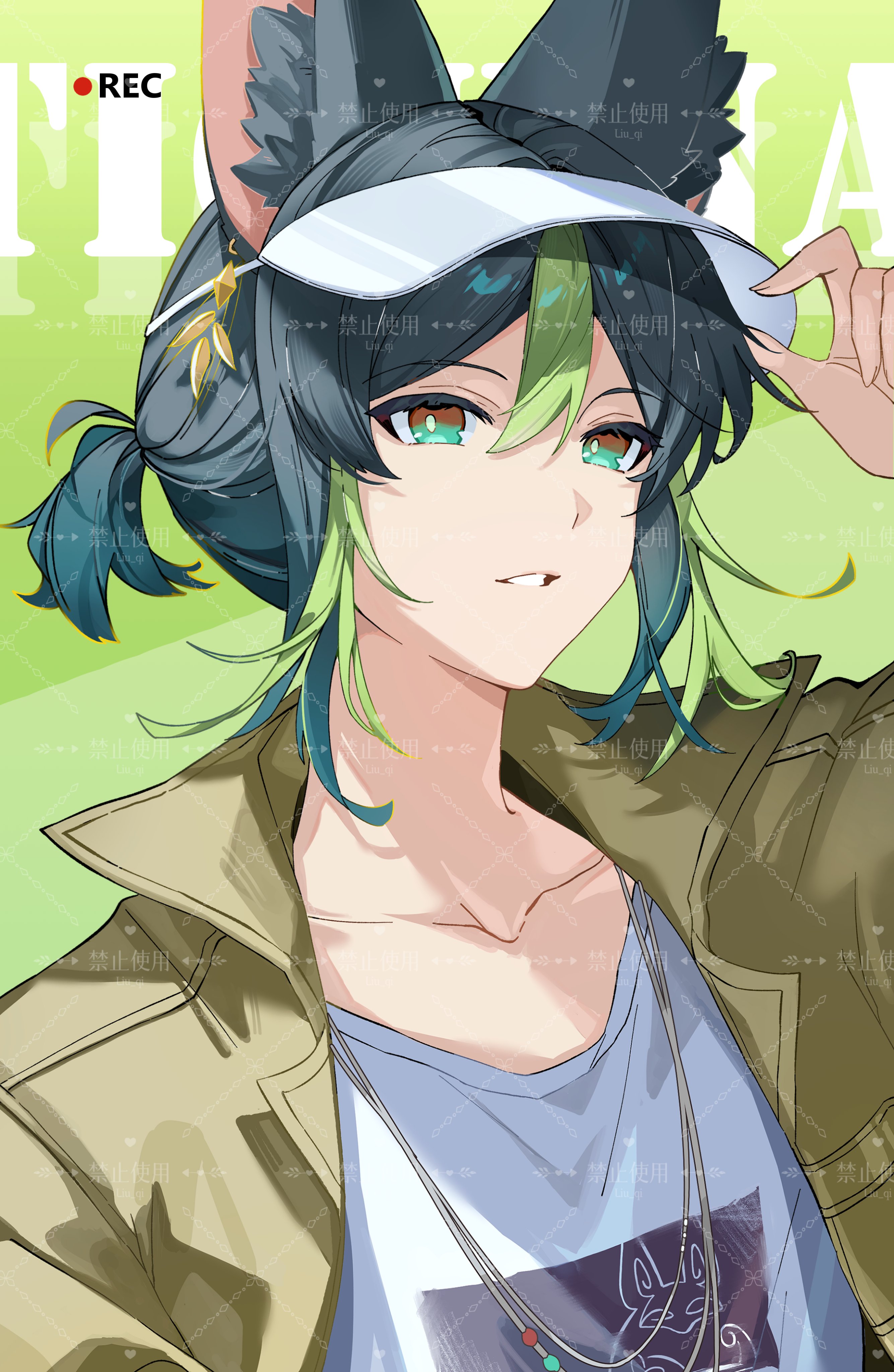 c ixxp, tighnari (genshin impact), genshin impact, absurdres, commentary, hashtag-only commentary, highres, 1boy, animal ears, black hair, brown eyes, collarbone, fox ears, green background, green eyes, green streaks, hair between eyes, hand on headwear, male focus, medium hair, multicolored eyes, multicolored hair, parted lips, shirt, solo, streaked hair, two-tone eyes, upper body, watermark, white shirt, white visor