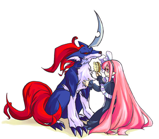 noko351, mage (disgaea), mystic beast (disgaea), disgaea, bad id, bad pixiv id, 1girl, demon girl, hair brush, long hair, pink hair, pointy ears, very long hair, wolf