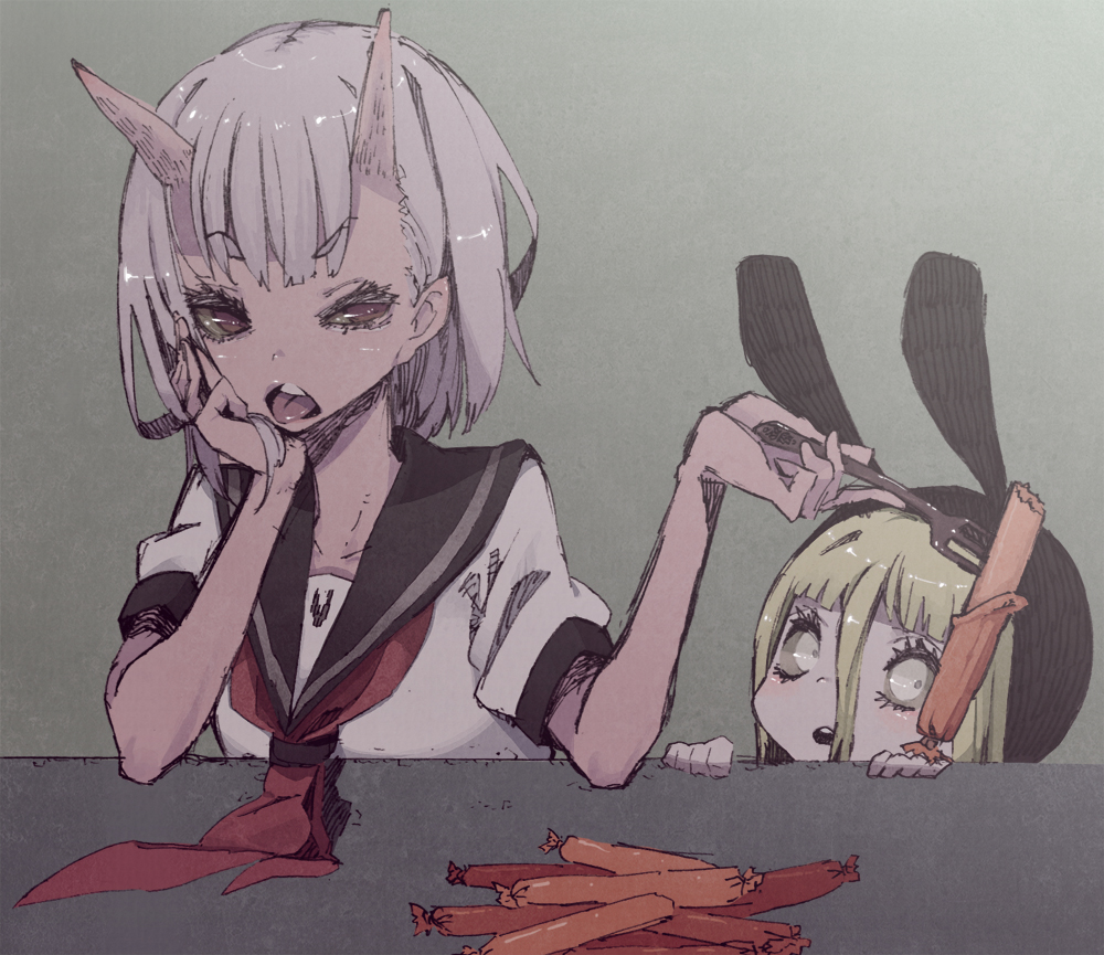 abara heiki, silver hair, bad id, bad pixiv id, 2girls, :o, animal ears, blonde hair, blush, food, fork, horns, monster girl, multiple girls, necktie, rabbit ears, sausage, school uniform, short hair