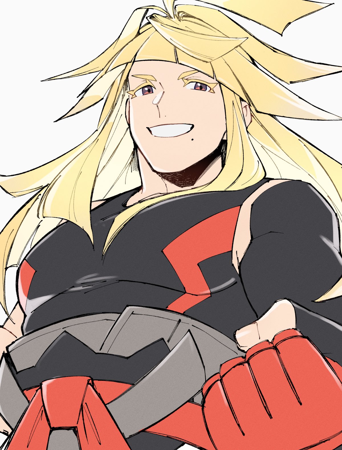 mocollie, ivor (pokemon), nintendo, pokemon, pokemon legends: z-a, highres, 1boy, belt, black shirt, blonde hair, brown eyes, gloves, grin, happy, long hair, male focus, mole, mole under mouth, muscular, muscular male, partially fingerless gloves, pectorals, red gloves, shirt, simple background, smile, solo, teeth, white background