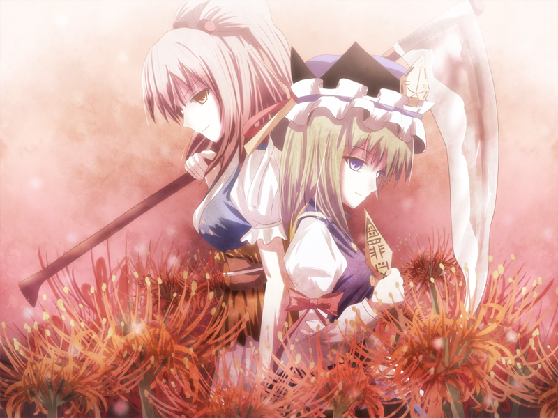 non (nobu), onozuka komachi, shiki eiki, touhou, 2girls, back-to-back, female focus, flower, green hair, multiple girls, red flower, red hair, rod of remorse, scythe, short hair, spider lily