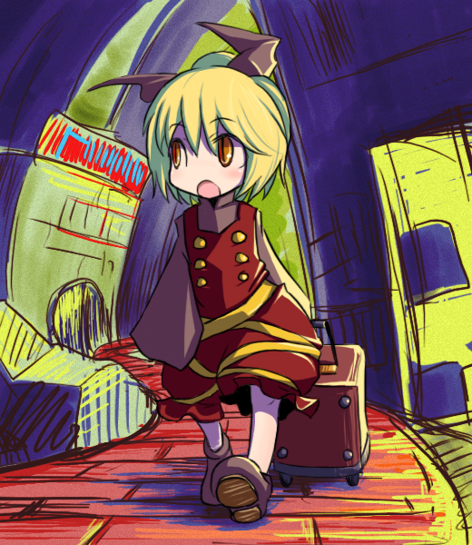hakika, kurodani yamame, mother (series), mother 2, nintendo, touhou, bad id, bad pixiv id, 1girl, blonde hair, bow, city, female focus, hair bow, open mouth, ribbon, short hair, solo, suitcase