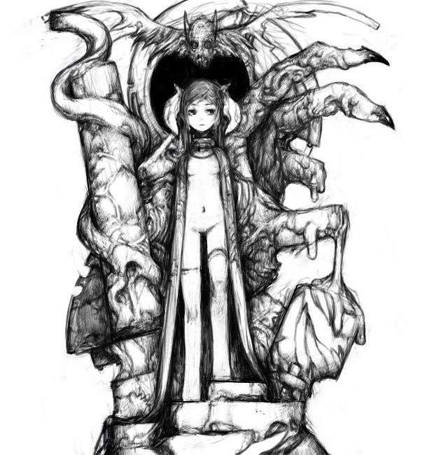 pon (tab rasa), original, commentary request, 1girl, breasts, closed mouth, column, demon girl, disembodied hand, expressionless, faux figurine, giant hand, greyscale, horns, looking at viewer, melting, monochrome, naked robe, navel, open clothes, open robe, pillar, robe, simple background, small breasts, solo, standing, thighhighs