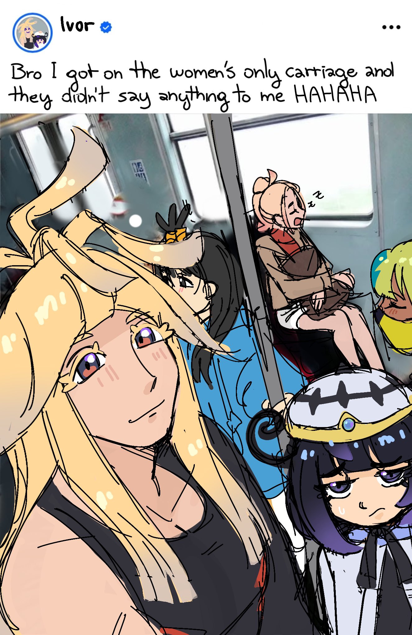chorimayo, canari (pokemon), gwynn (pokemon), ivor (pokemon), lida (pokemon), taunie (pokemon), nintendo, pokemon, pokemon legends: z-a, social network, commentary, english commentary, highres, 1boy, 4girls, bandeau, black dress, black hair, black shirt, blonde hair, brother and sister, coat, dress, english text, fake screenshot, gradient hair, hat, hood, hoodie, long hair, looking at another, looking at viewer, mask, meme, mouth mask, multicolored hair, multiple girls, open clothes, open coat, pink hoodie, purple eyes, purple hair, red eyes, shirt, short hair, siblings, smile, two-tone hair, white coat, zzz