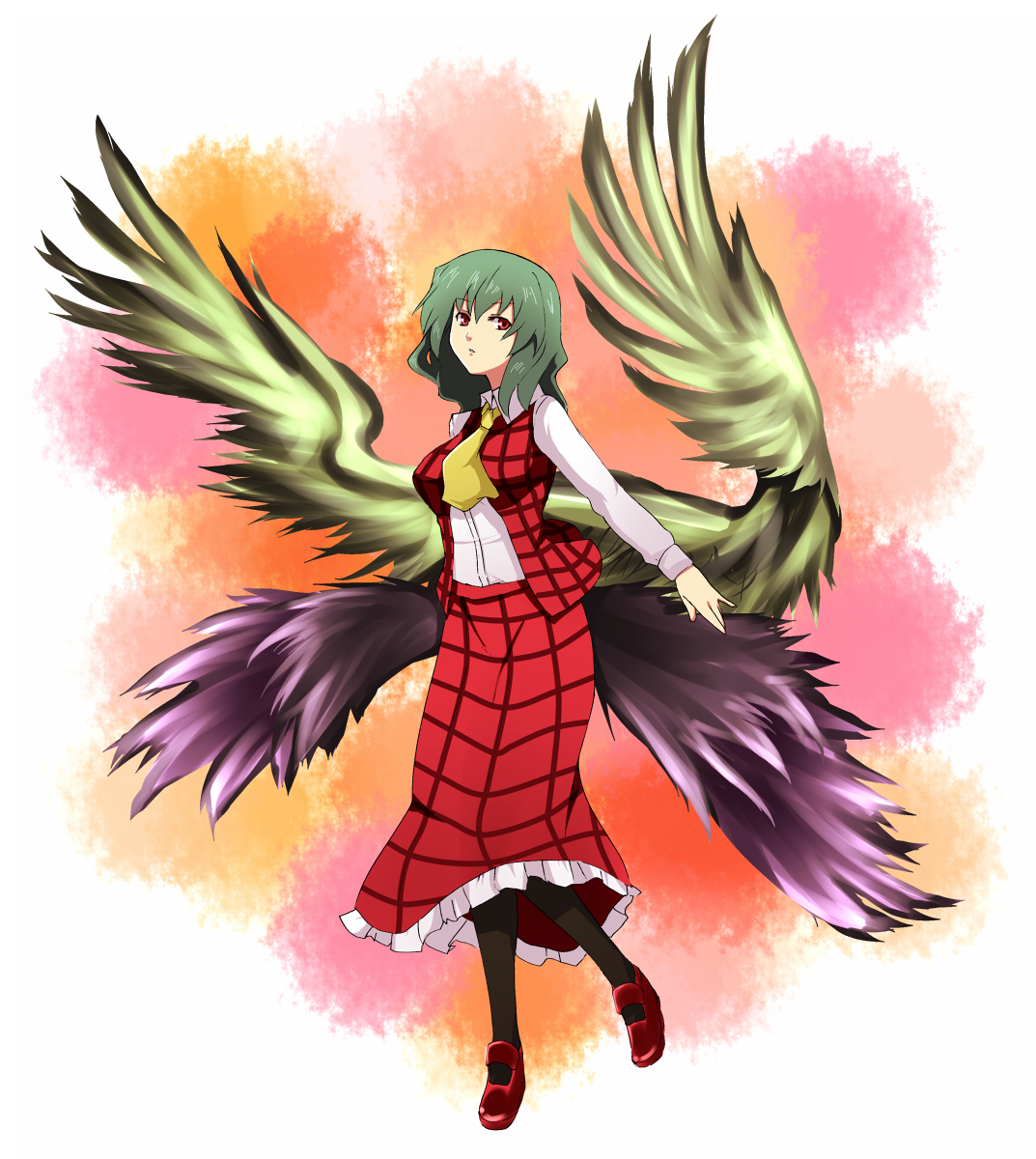 reon (pixiv), reon (saikyou), kazami yuuka, kazami yuuka (seihou), seihou, touhou, bad id, bad pixiv id, highres, 1girl, female focus, green hair, pantyhose, plaid clothes, plaid skirt, plaid vest, red eyes, skirt, skirt set, solo, vest, wings