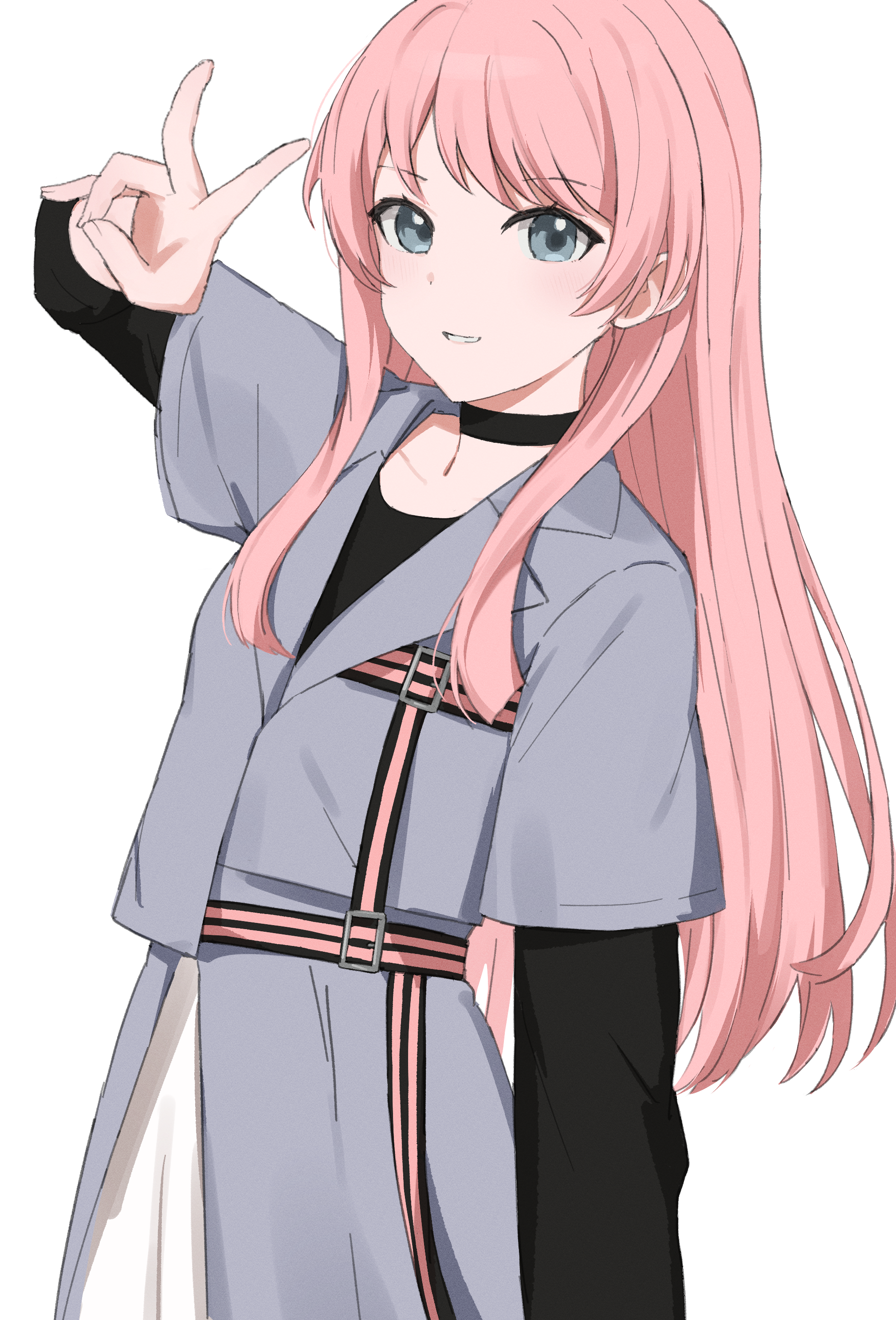 merlin (mer71n), chihaya anon, bang dream!, bang dream! it's mygo!!!!!, absurdres, commentary, highres, 1girl, arm up, black choker, black shirt, choker, coat, cowboy shot, grey coat, layered sleeves, long hair, long sleeves, looking at viewer, pink hair, purple eyes, shirt, short over long sleeves, short sleeves, simple background, solo, v, white background