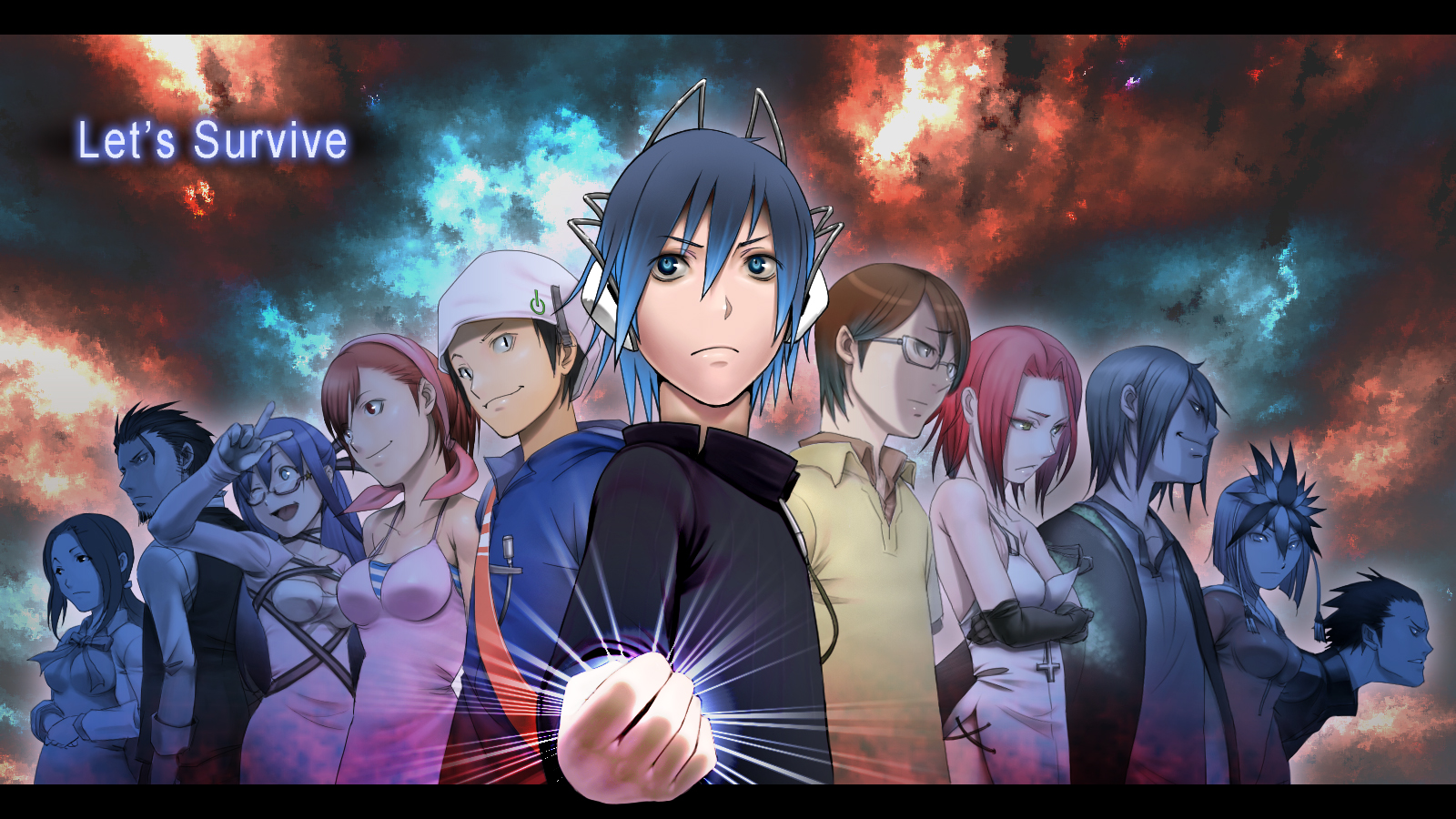 take9999, harusawa yoshino, kamiya eiji, kihara atsurou, komaki midori, kuzuryuu amane, mochizuki mari, muu shuwuu (megami tensei), naoya (devil survivor), nikaidou tadashi, protagonist (devil survivor), takagi keisuke, tanigawa yuzu, devil survivor (series), devil survivor 1, bad id, bad pixiv id, highres, 5girls, 6+boys, black hair, brown hair, clenched hand, cloud, cloudy sky, everyone, expressionless, formal clothes, glowing, jacket, letterboxed, long sleeves, looking afar, multiple boys, multiple girls, red hair, short hair, sky, suit, upper body