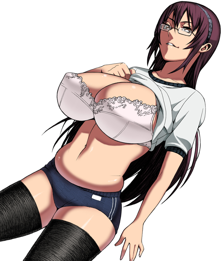 hidarikiki, original, 1girl, black thighhighs, bra, breasts, brown eyes, buruma, cleavage, clothes lift, dutch angle, female focus, glasses, gym uniform, hairband, huge breasts, lingerie, long hair, midriff, navel, plump, purple hair, shirt lift, smile, solo, thighhighs, underwear