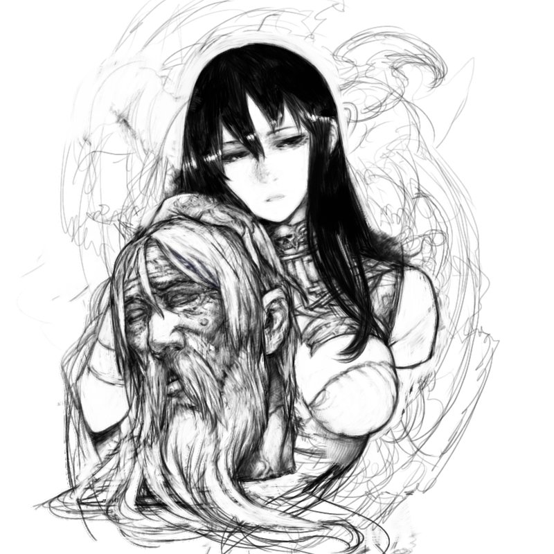 pon (tab rasa), original, commentary request, 1boy, 1girl, beard, breasts, cropped torso, facial hair, greyscale, half-closed eyes, hand on another's head, head tilt, long beard, long hair, looking at viewer, medium breasts, mole, mole on cheek, monochrome, old, old man, parted lips, severed head, short hair, sketch, sketch background, upper body, wrinkled skin