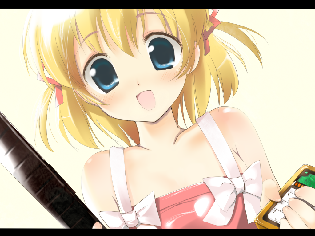 uya (munyu), tina (paperman), paper man, bad id, bad pixiv id, 1girl, blonde hair, blue eyes, blush, child, female focus, hair ribbon, happy, letterboxed, open mouth, ribbon, short hair, solo