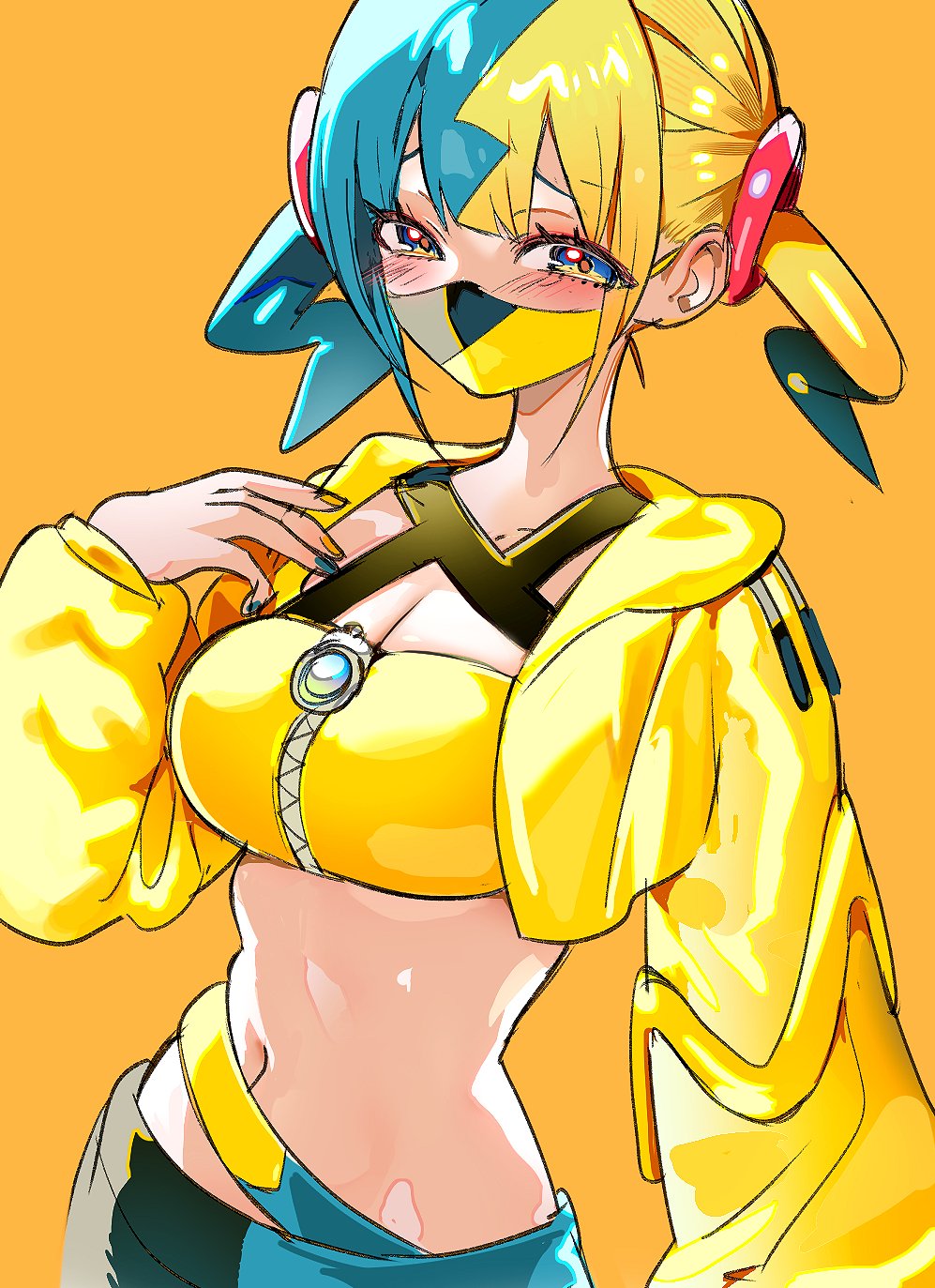 5oh5s2, canari (pokemon), nintendo, pokemon, pokemon legends: z-a, commentary, highres, 1girl, bandeau, blue eyes, breasts, cleavage, cropped jacket, eyelashes, hand up, hood, hood down, hooded jacket, jacket, long sleeves, mask, mouth mask, multicolored hair, nail polish, navel, open clothes, open jacket, pants, short twintails, simple background, solo, twintails, yellow background, yellow bandeau, yellow jacket, zipper, zipper pull tab