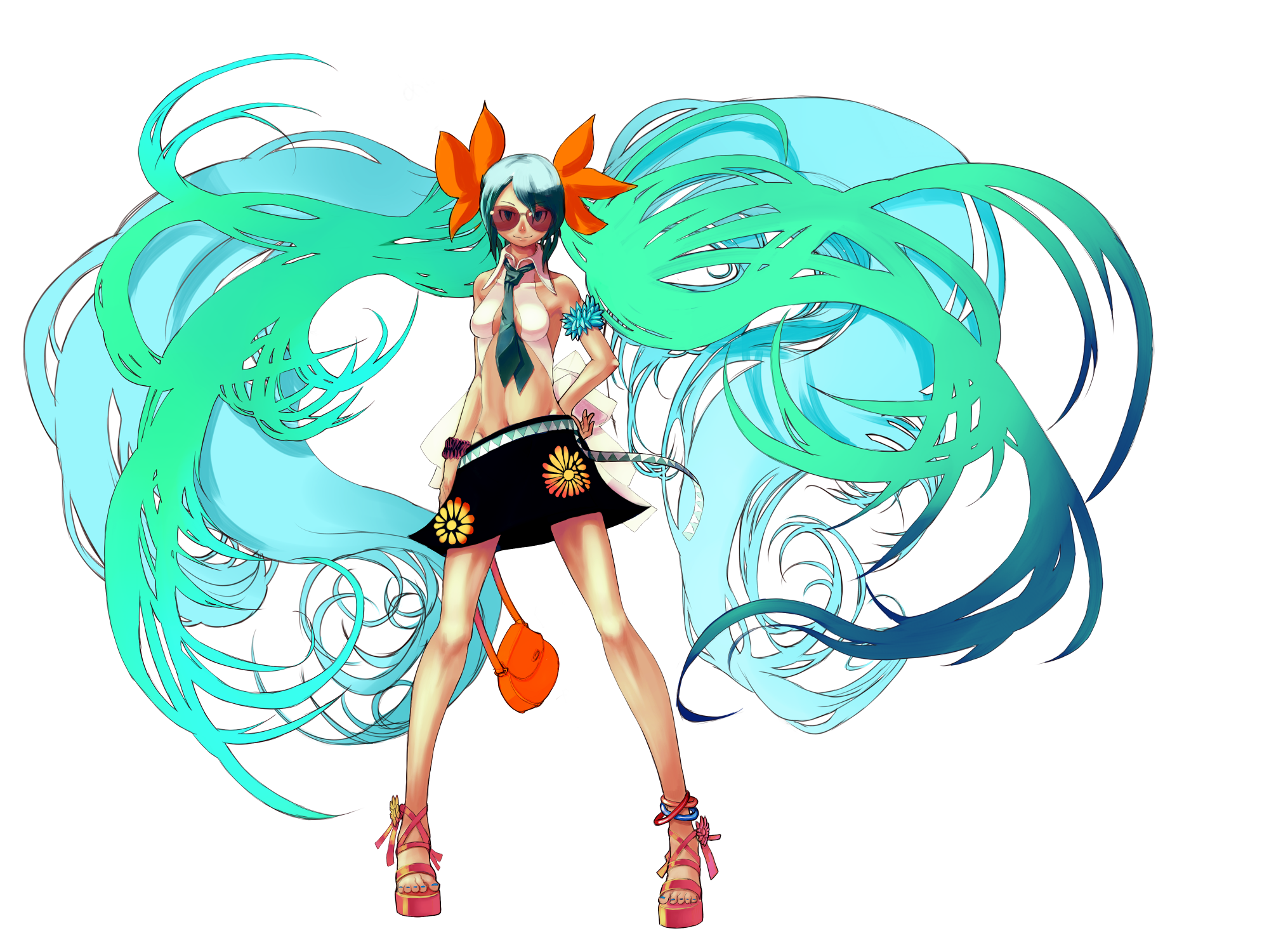 kansou samehada, hatsune miku, vocaloid, bad id, bad pixiv id, highres, 1girl, ankle lace-up, blue hair, center opening, female focus, gradient hair, green hair, groin, hand on own hip, long hair, looking at viewer, midriff, multicolored hair, nail polish, necktie, sandals, skirt, smile, solo, standing, sunglasses, very long hair