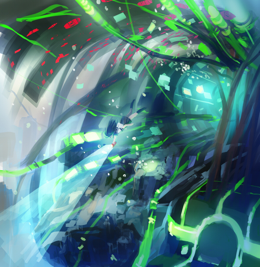 ein (artist), ein (long cake), original, black legwear, 1girl, black hair, colorful, female focus, long hair, school uniform, serafuku, solo, surreal, swimming, torch, underwater