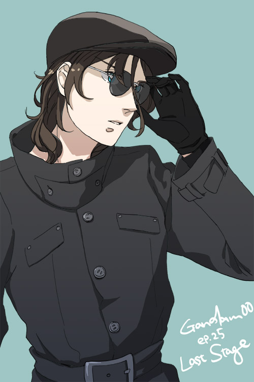 ikasumi, lockon stratos, lyle dylandy, gundam, gundam 00, bad id, bad pixiv id, 00s, 1boy, adjusting eyewear, brown hair, buttons, coat, glasses, gloves, green eyes, hat, male focus, newsboy cap, solo, standing, sunglasses, trench coat