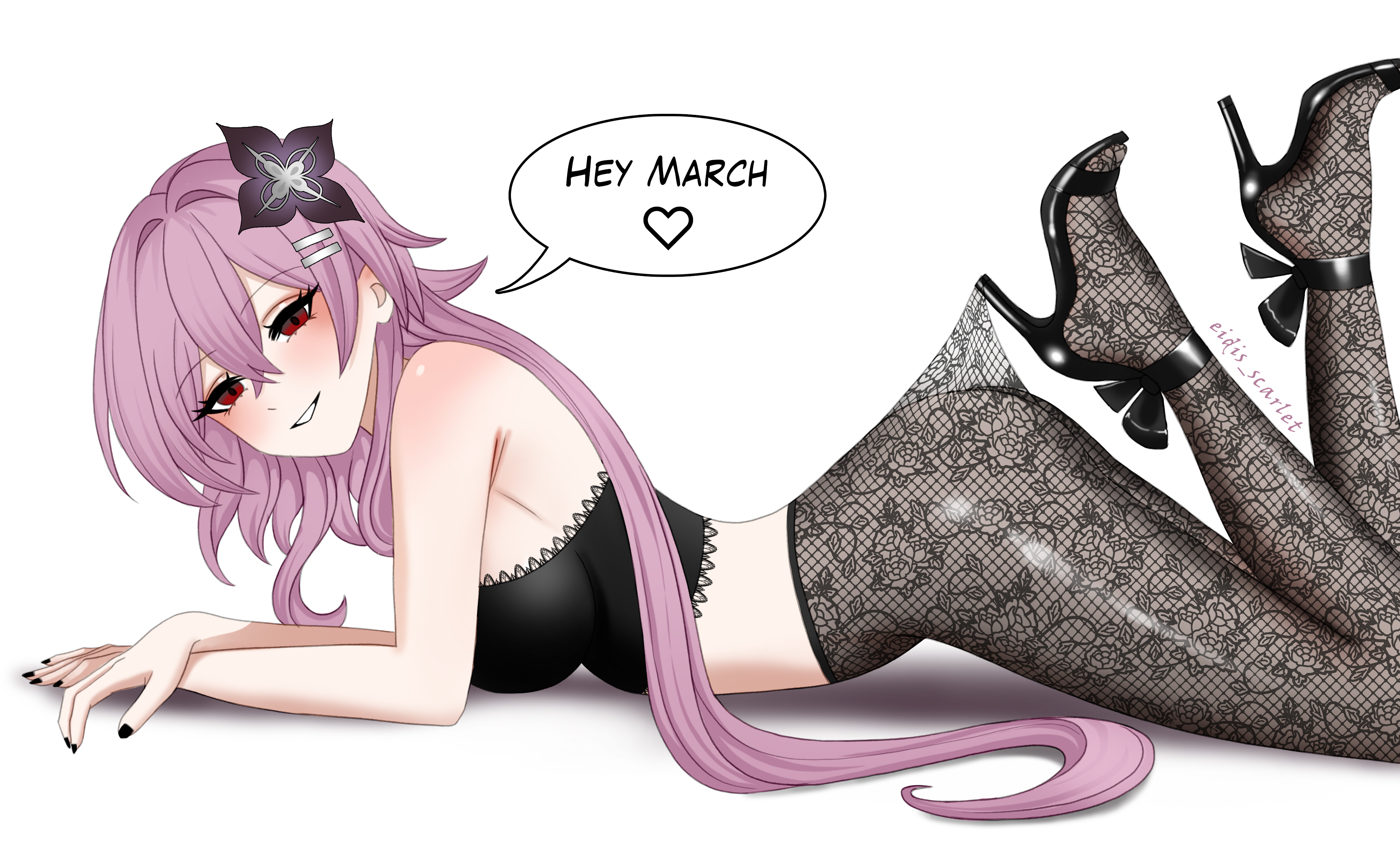 eidis scarlet, evernight (honkai: star rail), march 7th (honkai: star rail), honkai: star rail, honkai (series), absurdres, commentary, english commentary, highres, 1girl, ass, black bra, black nails, black pantyhose, bra, breasts, english text, flower, hair flower, hair ornament, highleg, lace pantyhose, lace pantyhose hooked on heel (meme), large breasts, long hair, looking at viewer, meme, pantyhose, pink hair, red hair, simple background, smile, solo, speech bubble, underwear, very long hair, white background