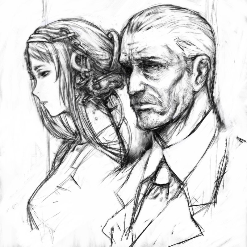 pon (tab rasa), original, commentary request, 1boy, 1girl, android, beard stubble, breasts, cable, collared shirt, cropped torso, facial hair, formal clothes, greyscale, hair slicked back, long hair, looking ahead, medium breasts, monochrome, mustache, necktie, old, old man, robot ears, shirt, short hair, short hair with long locks, sidelocks, stubble, suit, very short hair, wrinkled skin