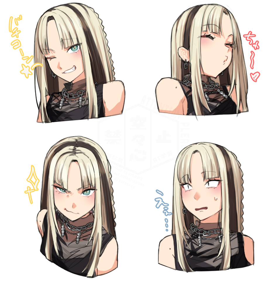 karakr shin, koganei niko, hololive, hololive dev is, commentary, hashtag-only commentary, symbol-only commentary, translation request, 1girl, angry, blonde hair, blush, brown hair, chain, chain necklace, closed eyes, earrings, green eyes, grin, half-closed eyes, jewelry, long hair, looking at viewer, mole, mole on shoulder, multicolored hair, multiple expressions, multiple views, necklace, one eye closed, parted bangs, puckered lips, see-through tank top, sidelocks, simple background, smile, streaked hair, upper body, white background