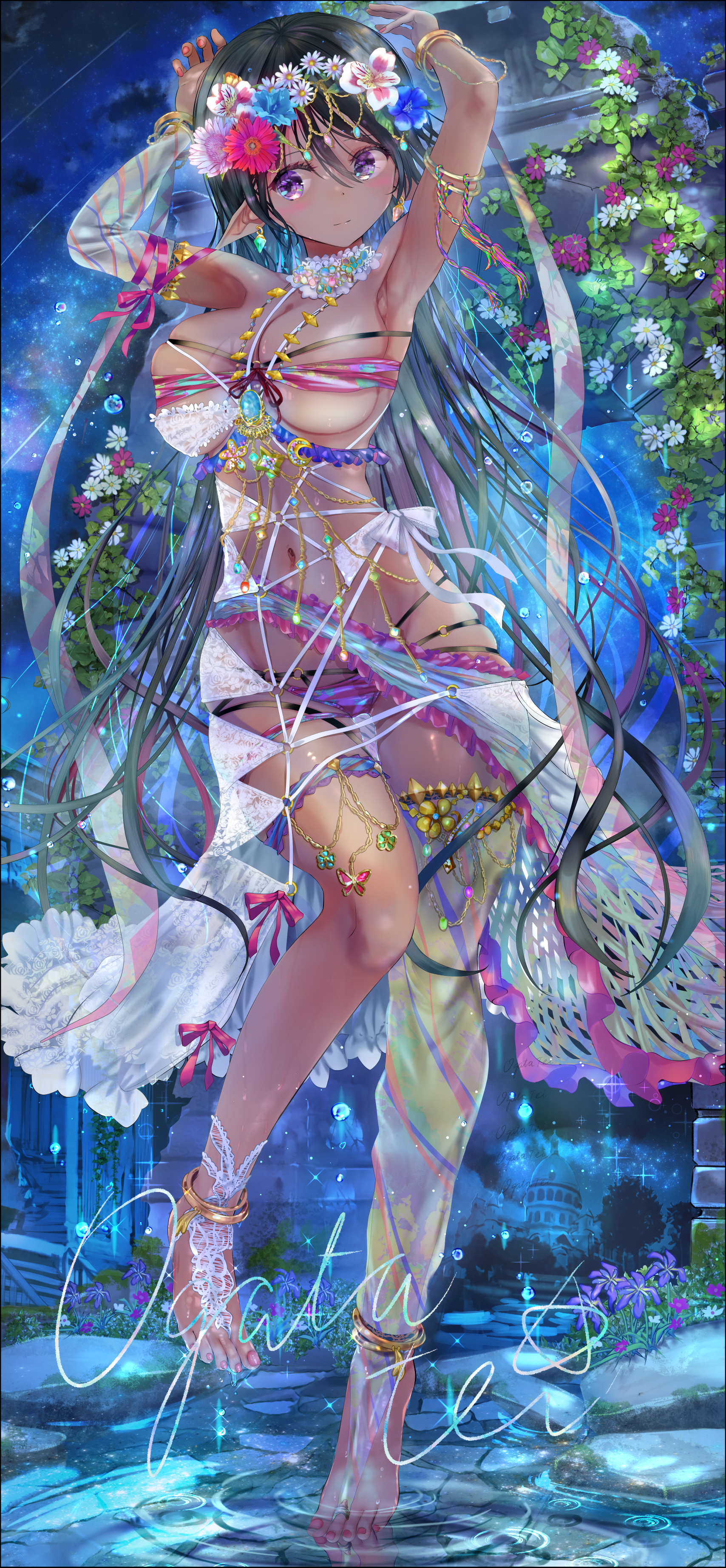 ogata tei, original, gold armlet, absurdres, highres, 1girl, anklet, armlet, black hair, bracelet, breasts, dancer, dark-skinned female, dark skin, detached sleeves, earrings, gold anklet, gold bracelet, jewelry, large breasts, long hair, navel, pointy ears, single detached sleeve, single thighhigh, skindentation, thighhighs