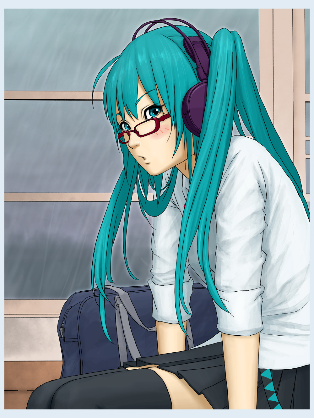 sugimasa, hatsune miku, vocaloid, highres, aqua eyes, aqua hair, bag, bespectacled, glasses, headphones, long hair, rain, skirt, sleeves rolled up, solo, thighhighs, twintails