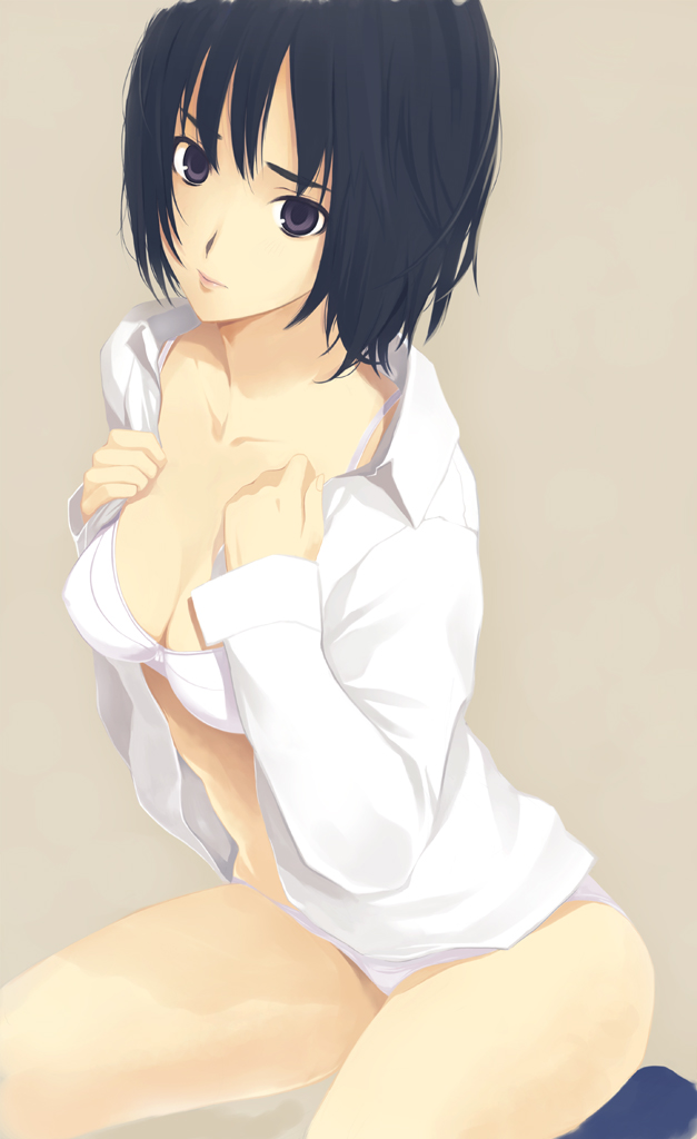 suke akurou, nanasaki ai, amagami, alternate breast size, bad id, bad pixiv id, 1girl, black eyes, black hair, bra, breasts, cleavage, female focus, kneeling, large breasts, lingerie, panties, short hair, solo, underwear, undressing