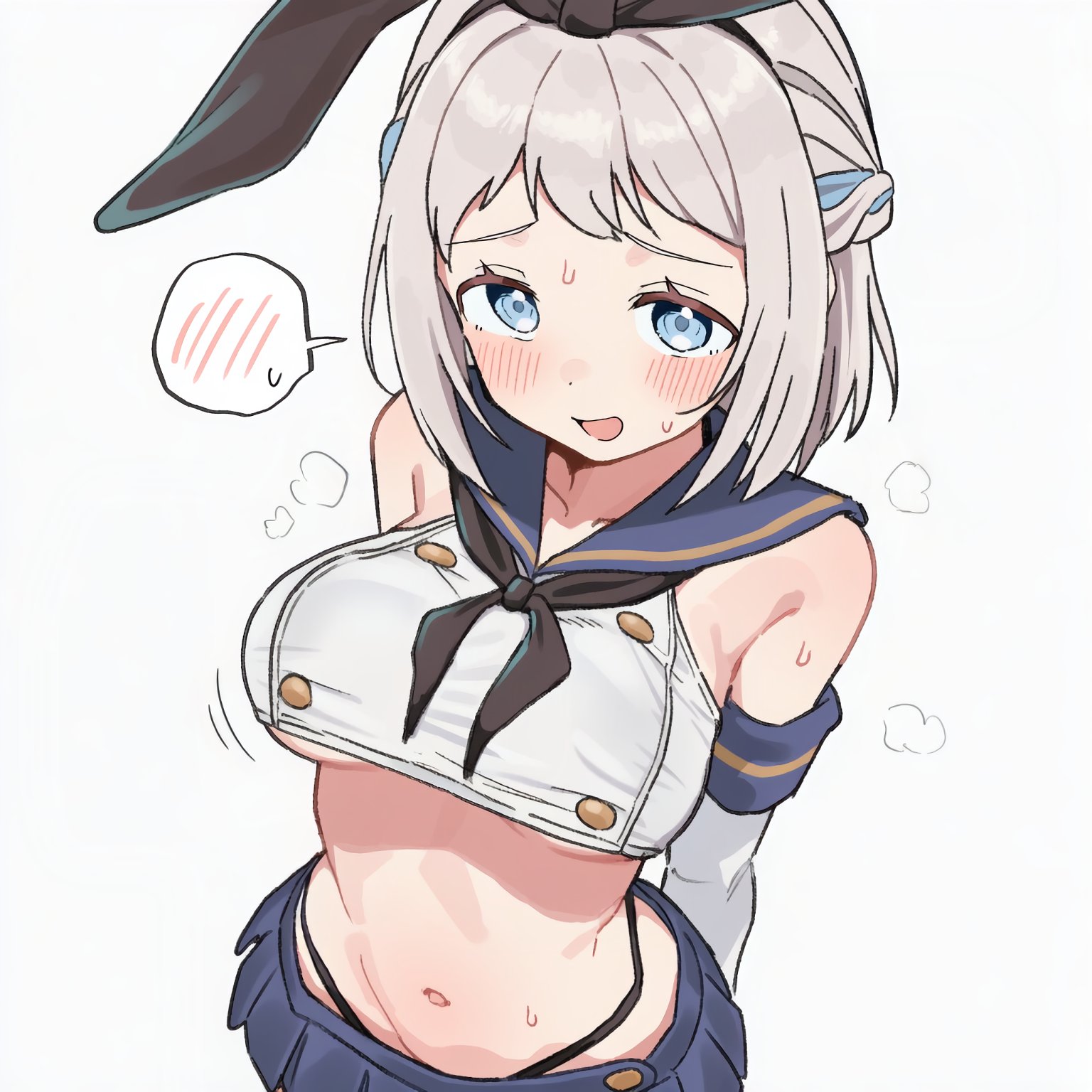 lati2, katsuragi lilja, shimakaze (kancolle), gakuen idolmaster, idolmaster, kantai collection, 1girl, arms behind back, ascot, black panties, black ribbon, blue eyes, blue hair, blue skirt, blush, braid, breasts, cosplay, crop top, crown braid, detached sleeves, embarrassed, from above, hair ribbon, highleg, highleg panties, medium breasts, multicolored hair, navel, open mouth, panties, ribbon, sailor collar, shimakaze (kancolle) (cosplay), shirt, short hair, skirt, sleeveless, sleeveless shirt, solo, spoken blush, standing, sweat, underboob, underwear, whale tail (clothing), white background, white hair, white shirt