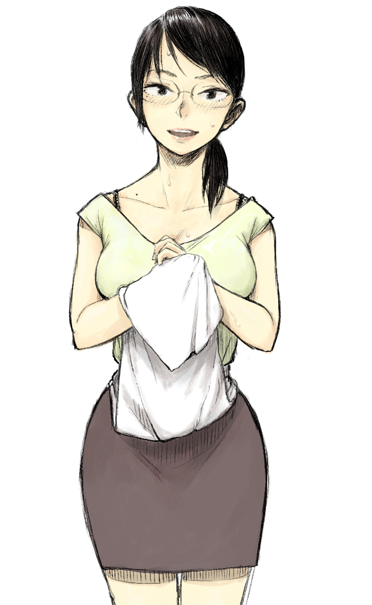 oomori harusame, bad id, bad pixiv id, highres, 1girl, black hair, breasts, female focus, glasses, large breasts, miniskirt, office lady, pencil skirt, skirt, solo, towel