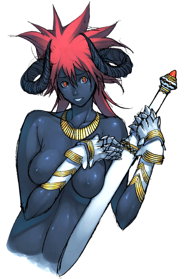 g-room honten, character request, source request, 1girl, breasts, collar, dark-skinned female, dark skin, demon girl, female focus, gauntlets, horns, jewelry, monster girl, necklace, nude, red eyes, red hair, solo, sword, weapon