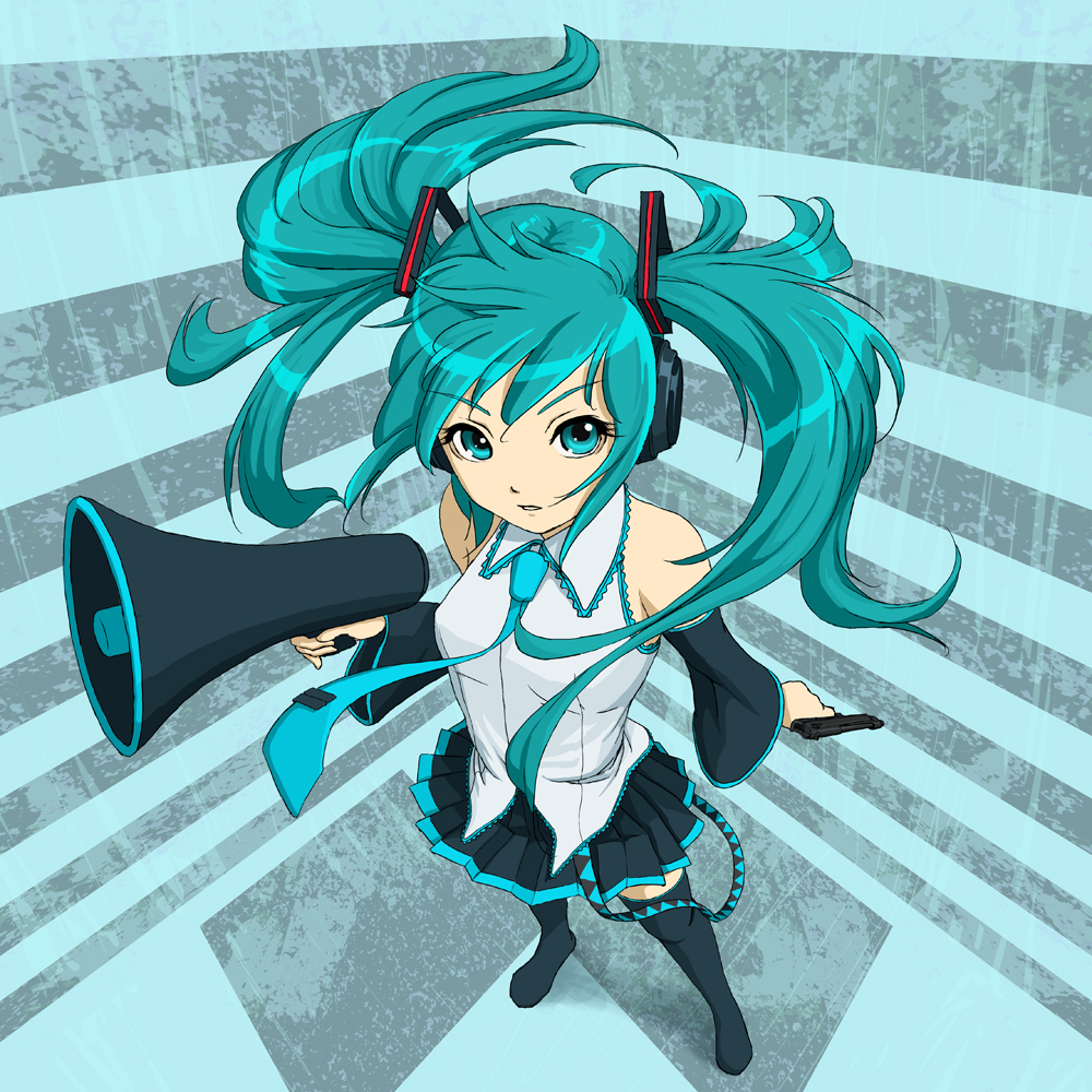 sugimasa, hatsune miku, koi wa sensou (vocaloid), vocaloid, aqua eyes, aqua hair, detached sleeves, gun, headphones, megaphone, necktie, skirt, thighhighs, twintails, weapon