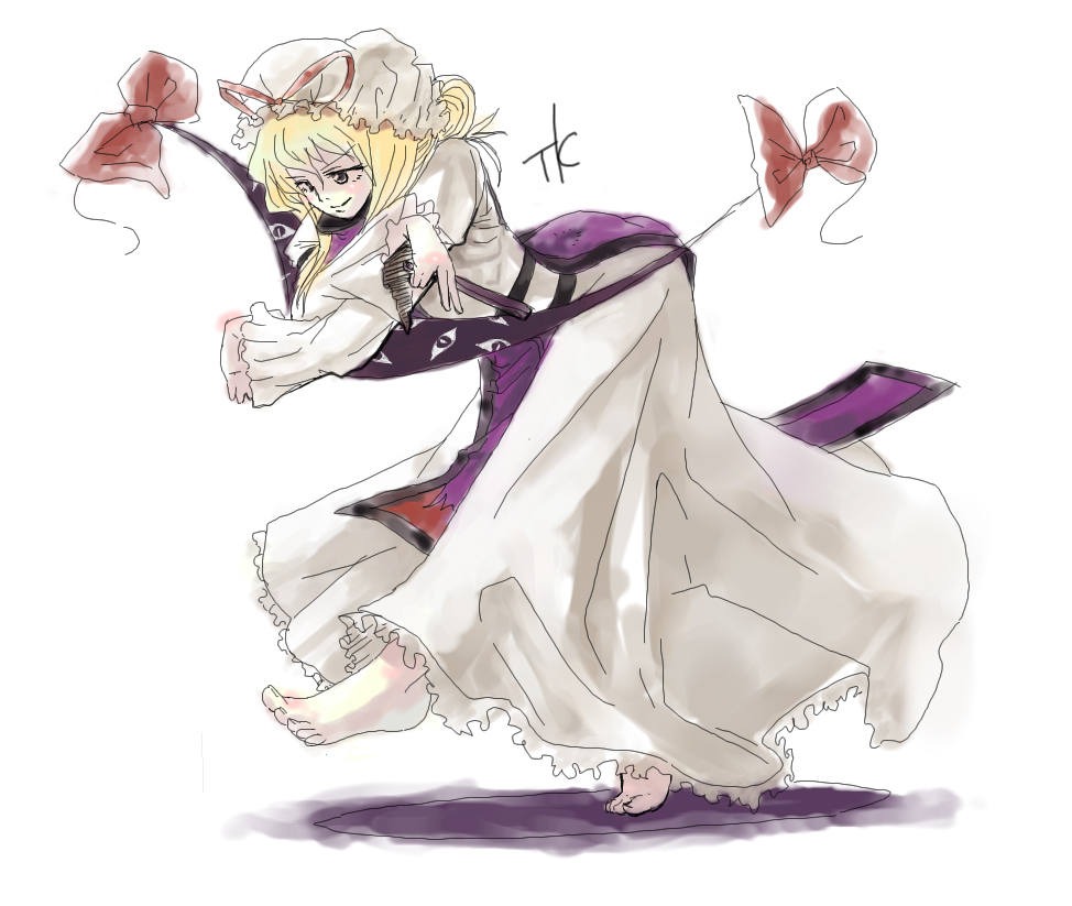 toki (pixiv), yakumo yukari, touhou, bad id, bad pixiv id, 1girl, barefoot, blonde hair, dress, feet, female focus, full body, gap (touhou), hat, short hair, sketch, solo, white background