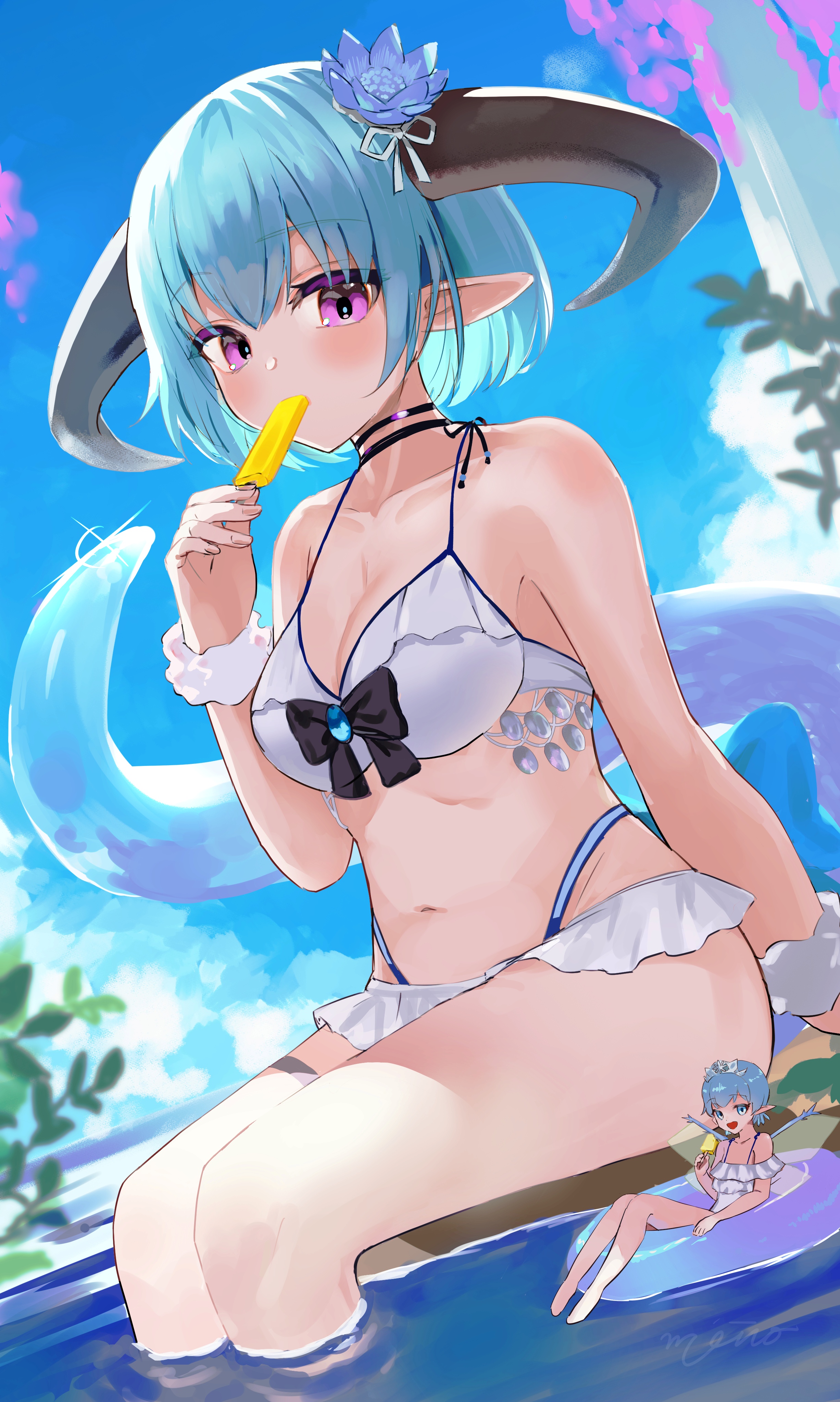 monokuroheddohonn, filene (shadowverse), inej (shadowverse), shadowverse, shadowverse evolve, absurdres, highres, 2girls, aqua hair, bare shoulders, bikini, blue flower, blush, breasts, cleavage, collarbone, dragon girl, dragon horns, dragon tail, fairy, flower, food, food in mouth, hair between eyes, hair flower, hair ornament, holding, holding food, holding popsicle, horns, innertube, looking at viewer, medium breasts, multiple girls, navel, official alternate costume, official alternate hairstyle, one-piece swimsuit, pointy ears, popsicle, popsicle in mouth, purple eyes, scrunchie, short hair, stomach, swim ring, swimsuit, tail, white bikini, white one-piece swimsuit, wrist scrunchie