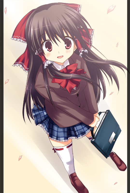 akane souichi, hakurei reimu, touhou, bad id, bad pixiv id, 1girl, alternate costume, bag, brown hair, female focus, hair tubes, looking at viewer, pillarboxed, pink eyes, school bag, school uniform, skirt, solo, thighhighs, white thighhighs