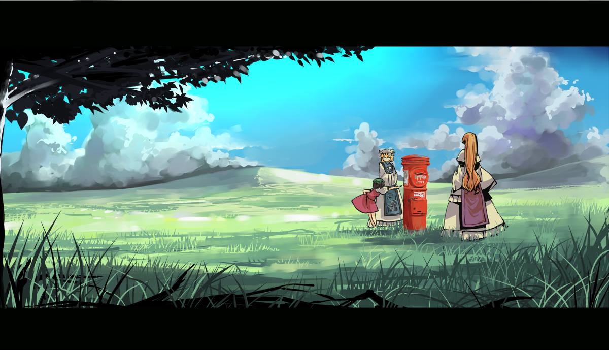 garnet, chen, yakumo ran, yakumo yukari, touhou, 3girls, animal hat, blonde hair, blue sky, cloud, day, female focus, field, from behind, full body, grass, hands in opposite sleeves, hat, hill, japanese postal mark, long hair, long sleeves, mob cap, multiple girls, no headwear, outdoors, plant, postbox, puffy short sleeves, puffy sleeves, scenery, short hair, short sleeves, sky, standing, tree, wide shot, wide sleeves