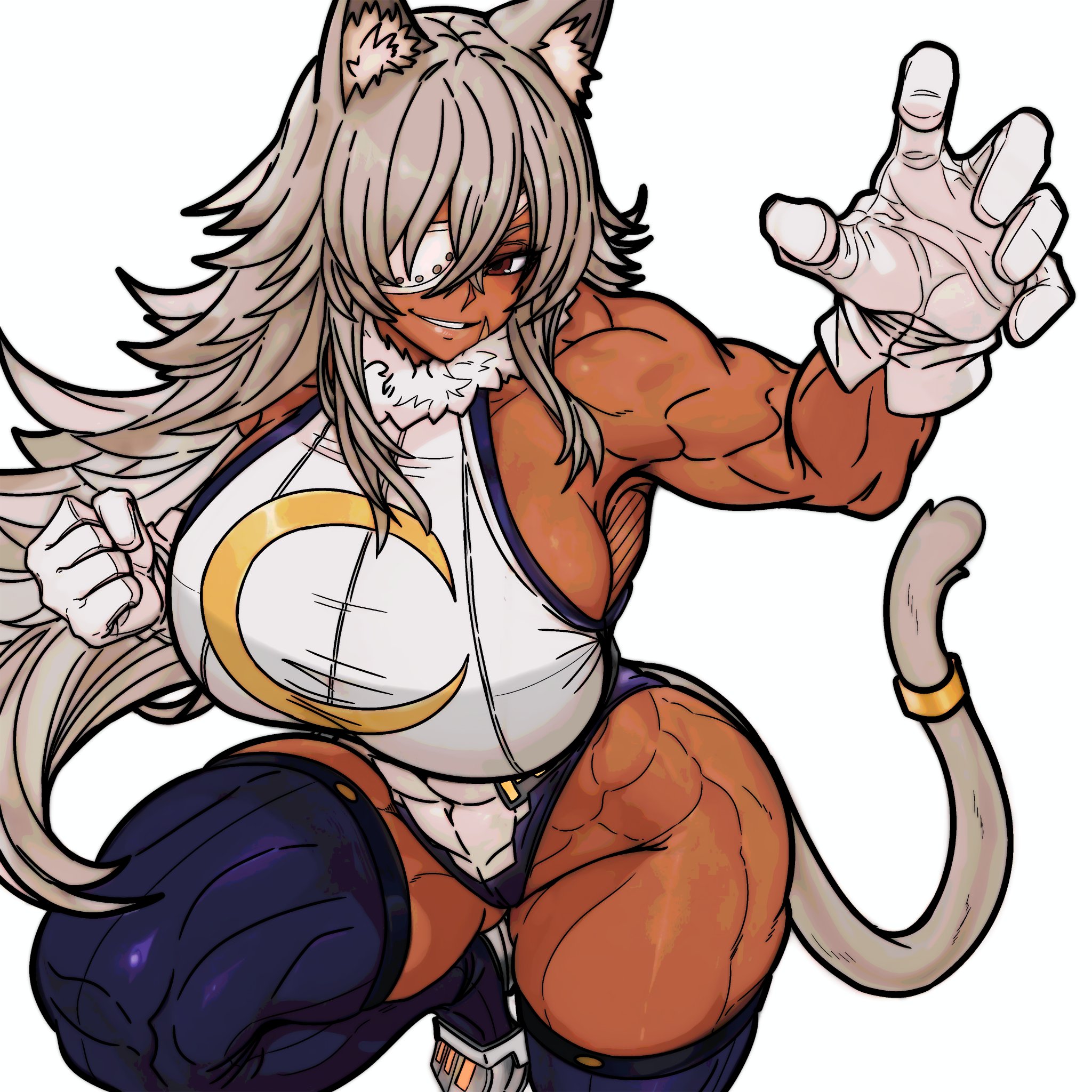master dcj, ghislaine dedoldia, mirko, boku no hero academia, mushoku tensei, commentary, english commentary, highres, 1girl, abs, animal ear fluff, animal ears, breasts, cat ears, cat girl, cat tail, cosplay, dark-skinned female, dark skin, eyepatch, gloves, grey hair, grin, large breasts, leotard, long hair, looking at viewer, mirko (cosplay), muscular, muscular female, red eyes, scar, scar on face, smile, solo, standing, standing on one leg, tail, tail ornament, tail ring, white gloves, white leotard