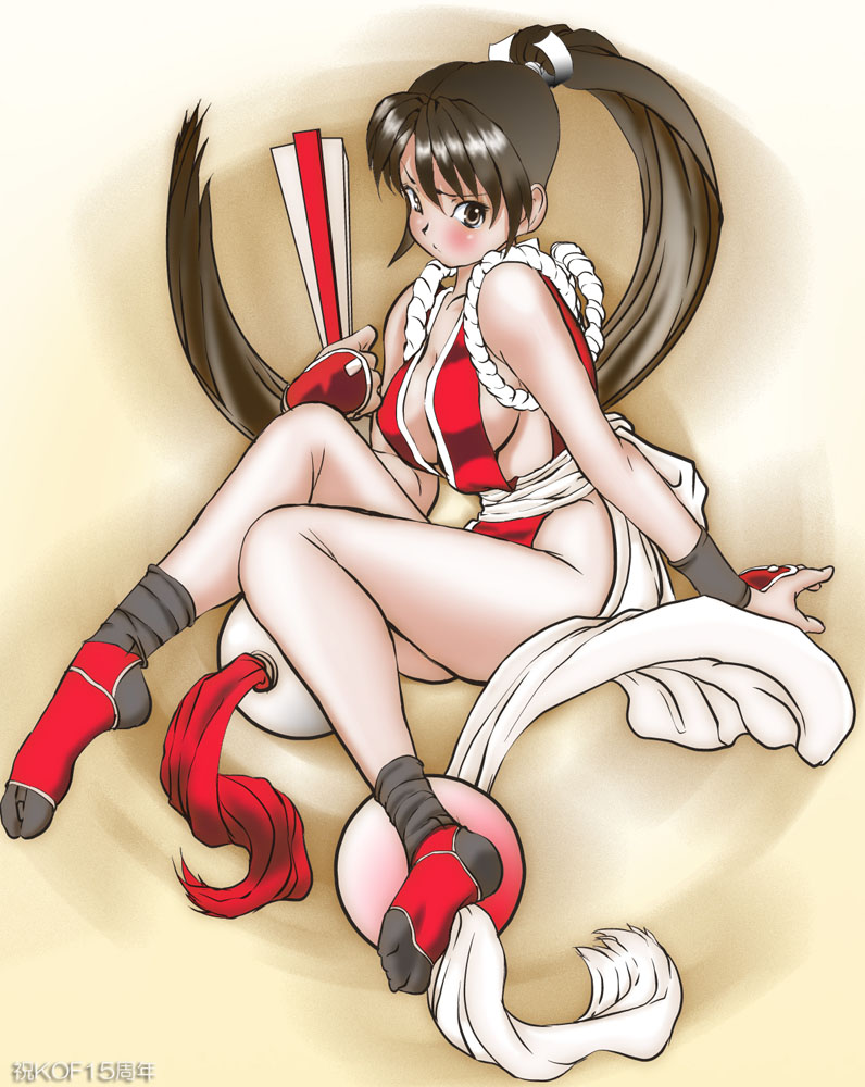 nemiosu, shiranui mai, fatal fury, snk, the king of fighters, bad id, bad pixiv id, 1girl, blush, breasts, brown eyes, brown hair, cleavage, female focus, folded fan, folding fan, hand fan, large breasts, legs, long hair, pelvic curtain, ponytail, sideboob, socks, solo, tabi
