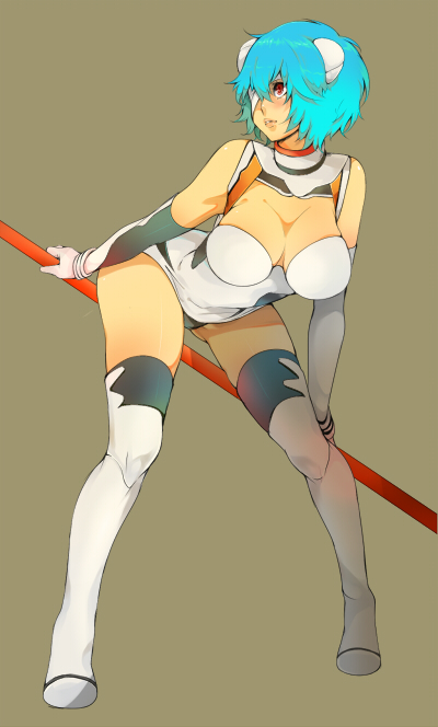 akishima kei, ayanami rei, neon genesis evangelion, bad id, bad pixiv id, 1girl, bent over, blue hair, breasts, cleavage, eyepatch, female focus, lance of longinus (evangelion), large breasts, mecha pilot suit, plugsuit (evangelion), red eyes, short hair, solo, thighhighs