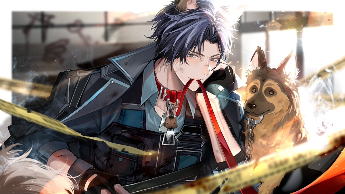 crown (artist), first stage production, animal ears, black claws, blue eyes, caelen strayfe, caution tape, collar, cuffs, dog ears, dog tags, fingerless gloves, german shepherd, gloves, keep out, leash, police, red collar, scratches, shackles, tail, virtual youtuber