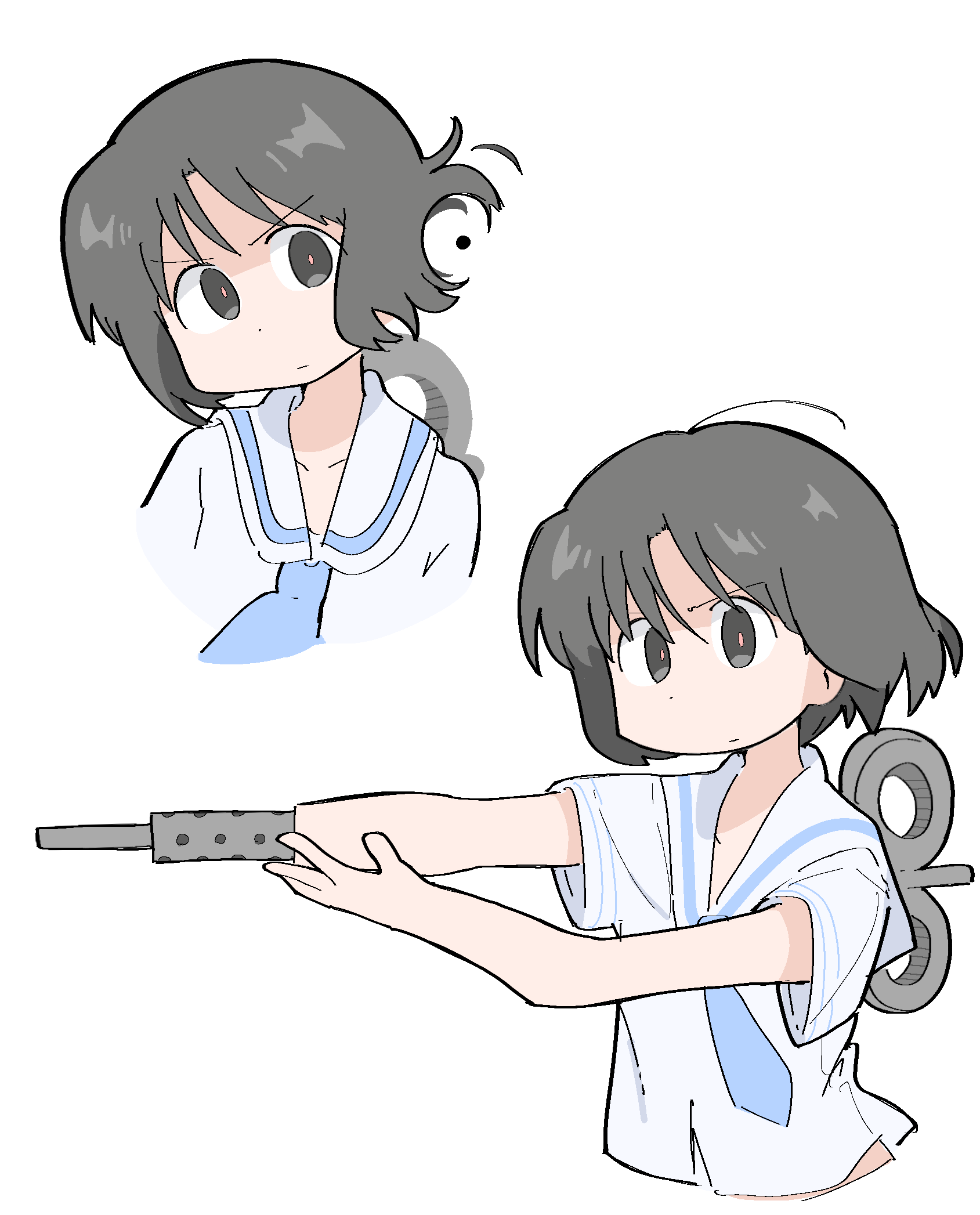 wichimi, shinonome nano, nichijou, highres, aiming, android, arawi keiichi (style), black eyes, black hair, blue necktie, bullet, gun, hair between eyes, hand on own arm, looking at viewer, loose hair strand, multiple views, muzzle device, necktie, ported barrel, robot girl, sailor collar, sailor shirt, school uniform, shirt, short hair, simple background, solo, tokisadame school uniform, weapon, white sailor collar, winding key