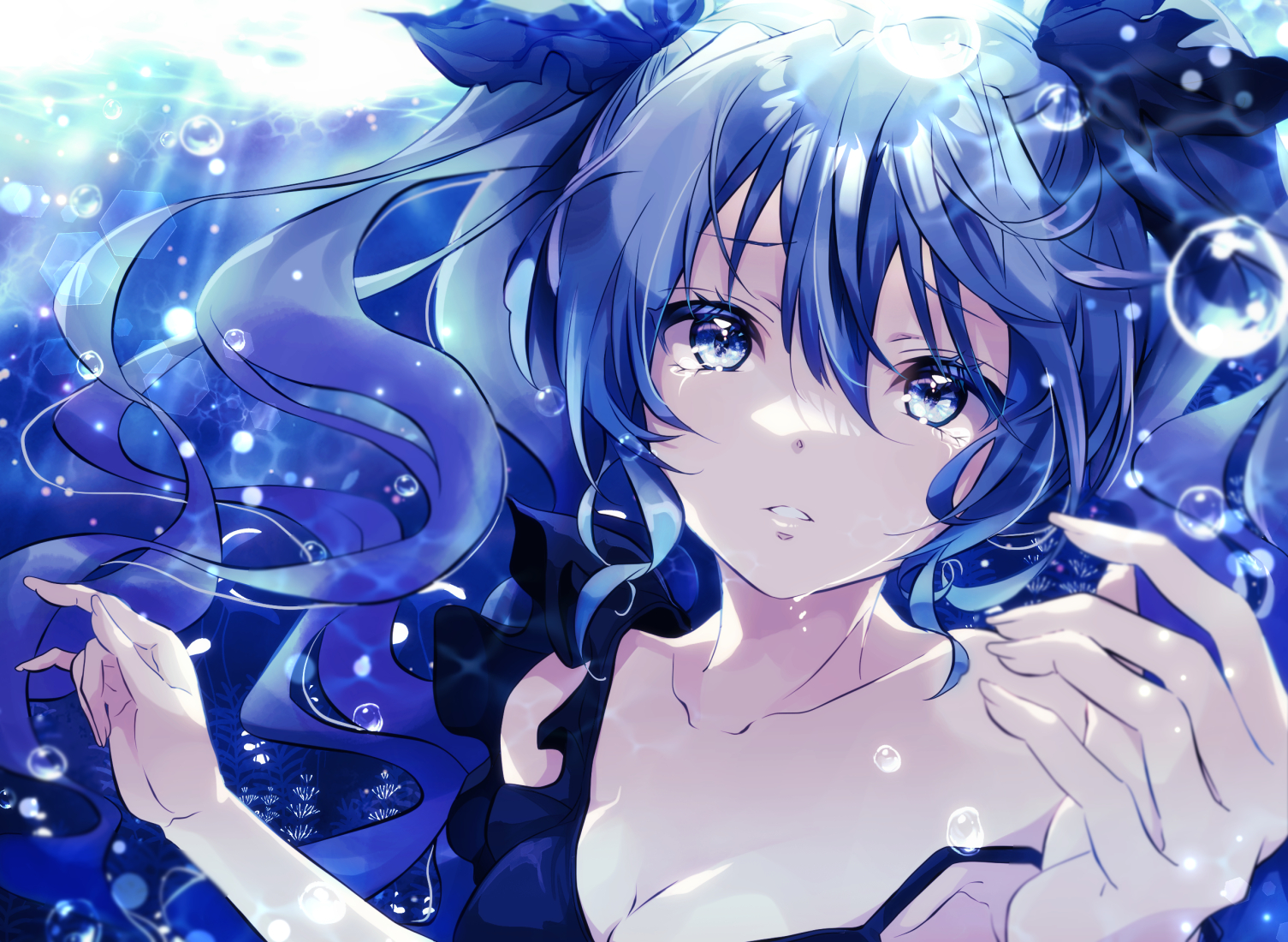yudoufu (littleplus), hatsune miku, shinkai shoujo (vocaloid), vocaloid, commentary request, 1girl, black dress, blue eyes, blue hair, breasts, collarbone, dress, hair between eyes, hair ornament, long hair, looking at viewer, parted lips, sleeveless, sleeveless dress, solo, twintails, underwater, upper body, very long hair