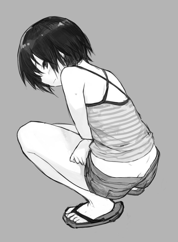 jiyu2, tagme, 1girl, ass, butt crack, dimples of venus, flip-flops, looking at viewer, sandals, short hair, squatting, tank top
