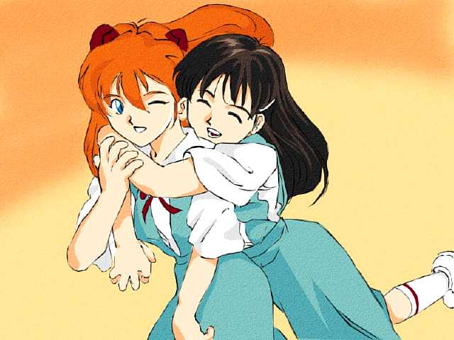 ikari shinji, souryuu asuka langley, neon genesis evangelion, arm grab, white legwear, gender request, jpeg artifacts, traditional media, 2girls, ^ ^, arms around neck, black hair, blinking, blue eyes, blush, brown hair, closed eyes, cowboy shot, floating hair, from side, genderswap, glomp, gradient background, grin, hair between eyes, hair ornament, hairclip, happy, head tilt, hug, hug from behind, jumping, kneehighs, leaning forward, leg up, long hair, multiple girls, neck ribbon, one eye closed, orange background, orange hair, red hair, ribbon, school uniform, shirt, shoes, short sleeves, skirt, smile, sneakers, socks, suspender skirt, suspenders