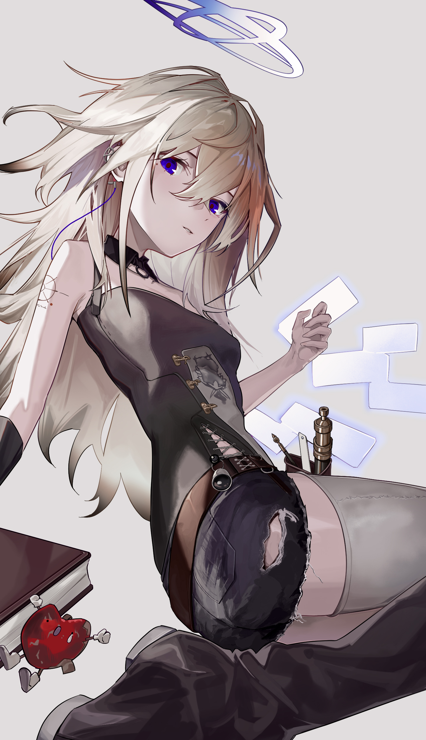 aoi wakashi chiyo, vannini (arknights), arknights, absurdres, highres, 1girl, angel, black boots, black shirt, black shorts, black thighhighs, boots, breasts, detached wings, grey background, grey hair, halo, long hair, looking at viewer, parted lips, purple eyes, shirt, short shorts, shorts, simple background, small breasts, solo, thighhighs, very long hair, wings