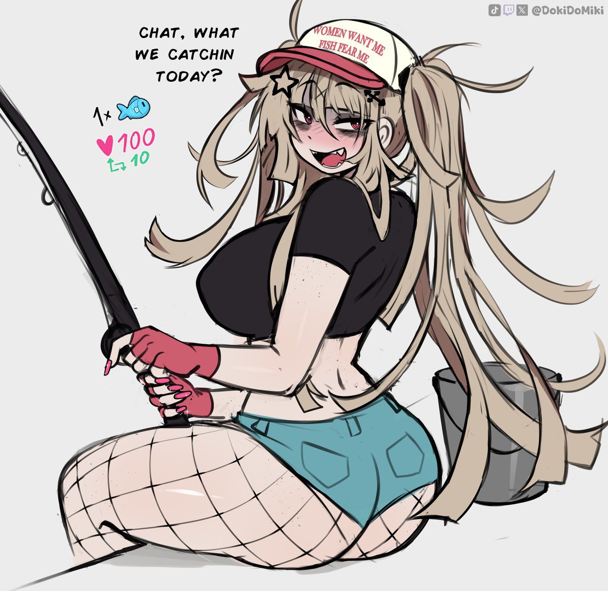 dokidomiki, miki (dokidomiki), sameko saba (fish), indie virtual youtuber, original, commentary, english commentary, 1girl, artist name, ass, baseball cap, black shirt, blonde hair, blue shorts, breasts, bucket, english text, fingerless gloves, fingernails, fishing, fishing rod, fishnet pantyhose, fishnets, from behind, gloves, hair between eyes, hair ornament, hat, holding, holding fishing rod, large breasts, long hair, looking at viewer, looking back, meme, messy hair, micro shorts, nail polish, open mouth, pantyhose, pink eyes, pink gloves, pink hat, pink nails, shirt, shorts, simple background, sitting, solo, star (symbol), star hair ornament, tiktok username, twintails, twitch username, twitter strip game parody, twitter username, white background, women want me fish fear me (meme)