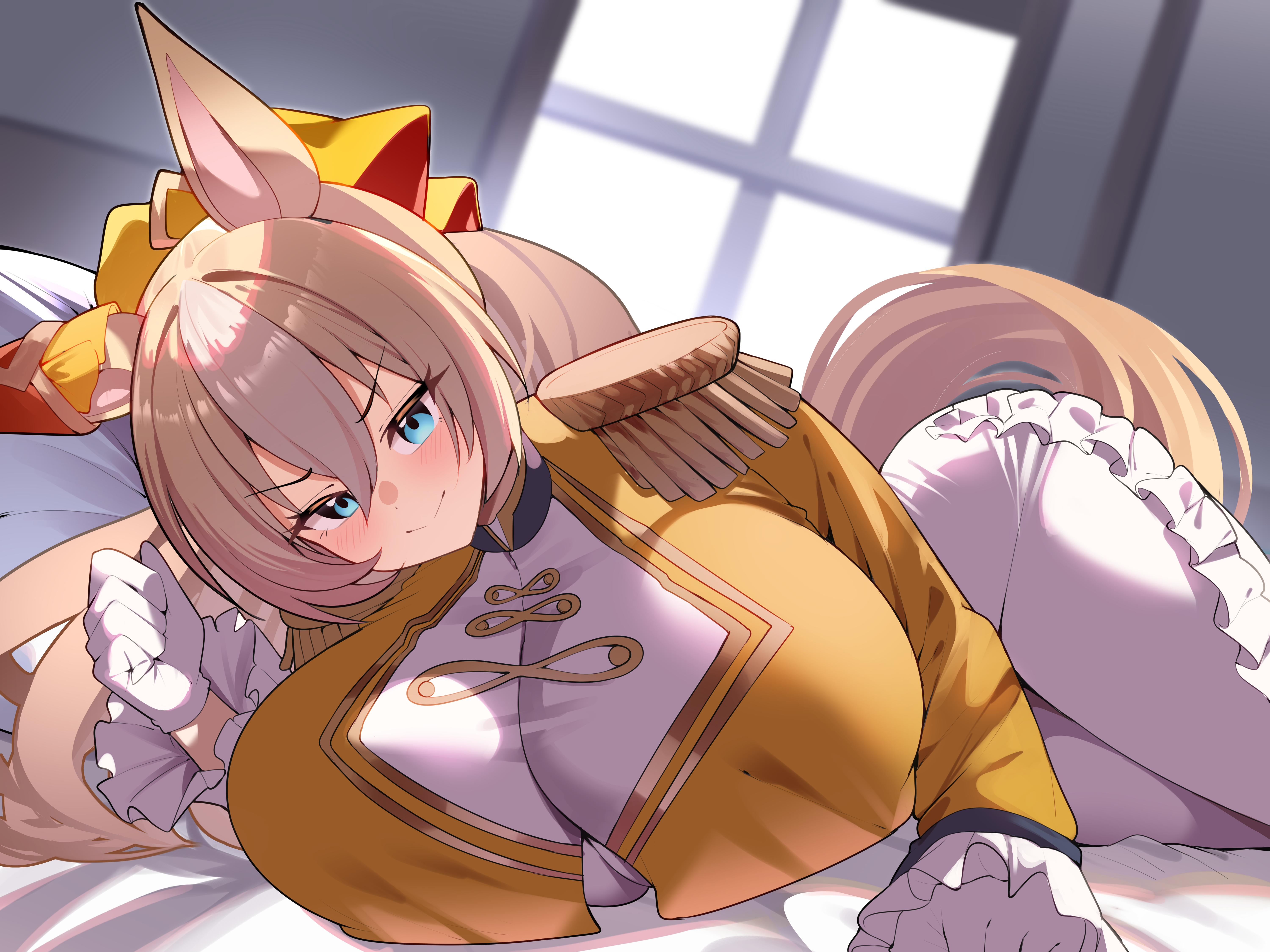 smoke klll, durandal (chevalier fidele) (umamusume), durandal (umamusume), umamusume, absurdres, commentary request, highres, paid reward available, 1girl, alternate breast size (larger), animal ears, blonde hair, blurry, blurry background, breasts, epaulettes, gloves, horse ears, horse girl, horse tail, hug, huge breasts, indoors, long hair, looking at viewer, lying, on side, pants, solo, tail, white gloves, white pants, window
